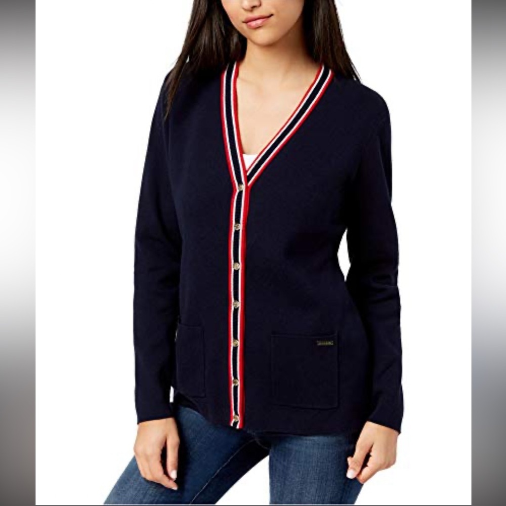 Tommy Hilfiger Striped Trim Cardigan Sweater Burundi Blue Red White Nautical
